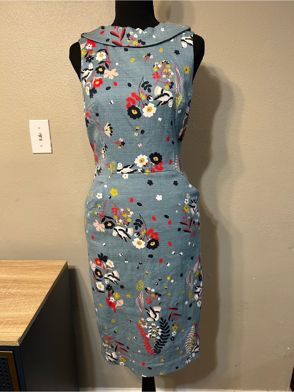 Boden Womens 4R Blue Floral Cotton Stretch Sheath Dress Collared Pockets